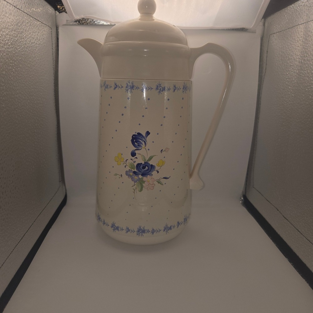 Vintage Nikko Ceramics Thermal Carafe Blue Floral Polka Dot Insulated Pitcher
